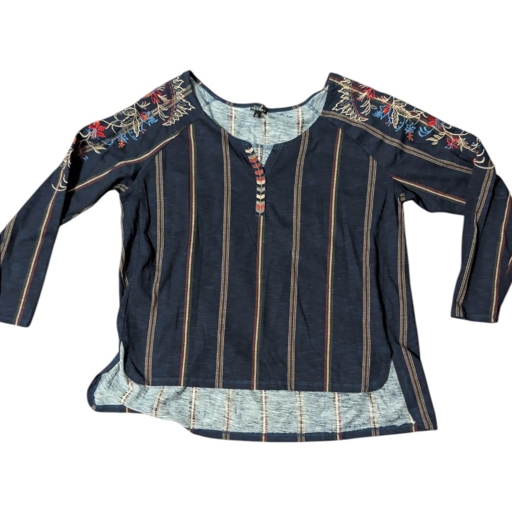 Hannah Navy Cotton Blouse with Colorful Embroidery Women's XL